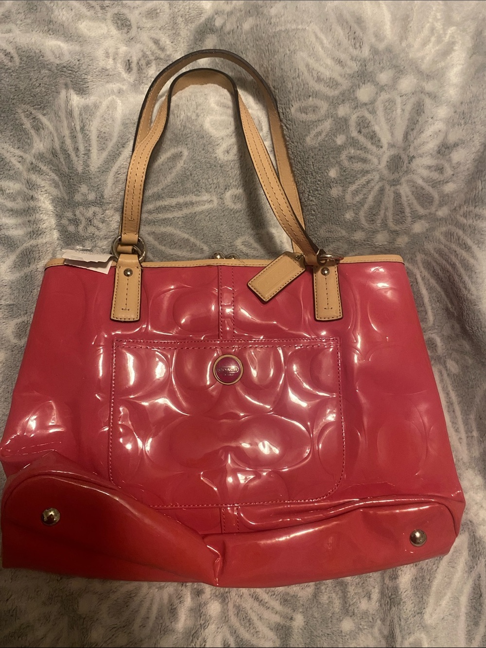 Coach Pink Patent Leather Tote with Tan Handles